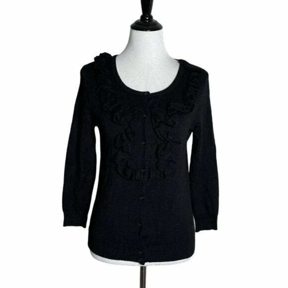 Black Ruffled Cardigan Sweater Scoop Neck Layered Frill‎ 3/4 Sleeve Knit Top MP